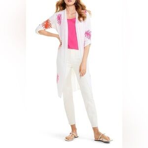 Nic + Zoe Cardigan Long Line Open Front White Pink Orange Leaf Print XS Oversize